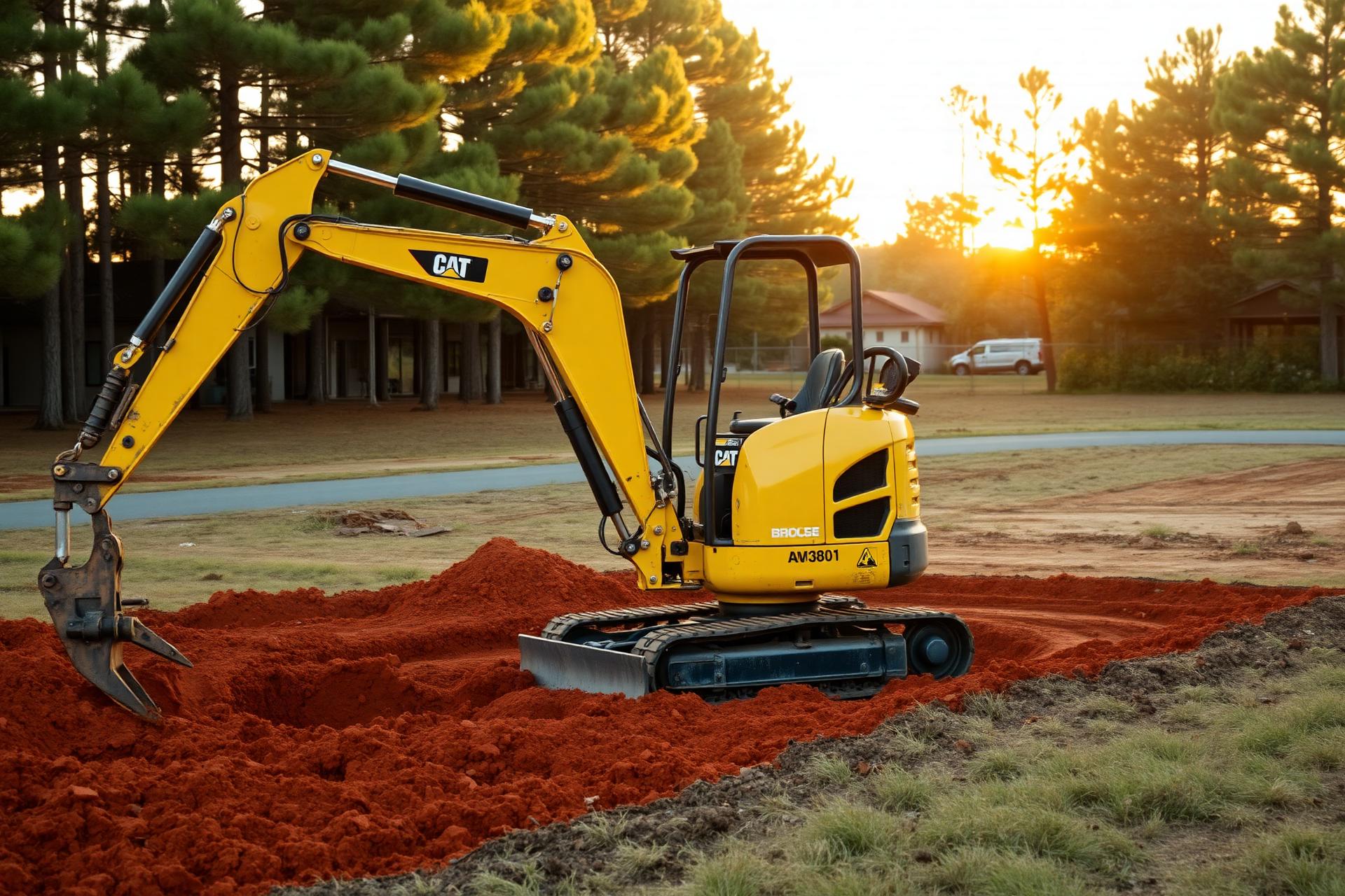 Compact excavator working on a Durham residential lot